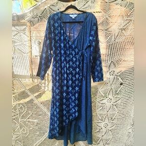 April Cornell Blue Indian Cotton Boho Block Print Wrap Tie Dress